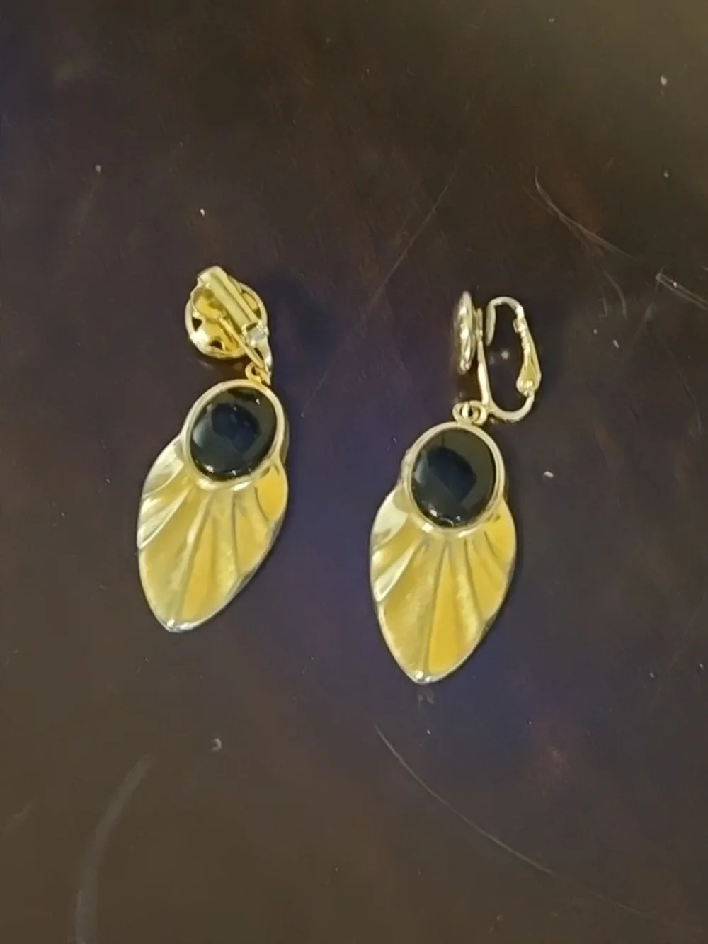 Gold Tone Drop Earrings with Black Stone Accent